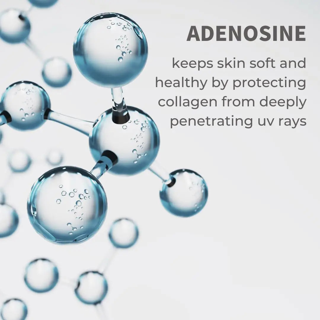 Molecular illustration highlighting adenosine, an ingredient in iUNIK Centella Calming Daily Sunscreen 60ml, Pack of 2, which helps keep skin soft and healthy by protecting collagen from UV rays.