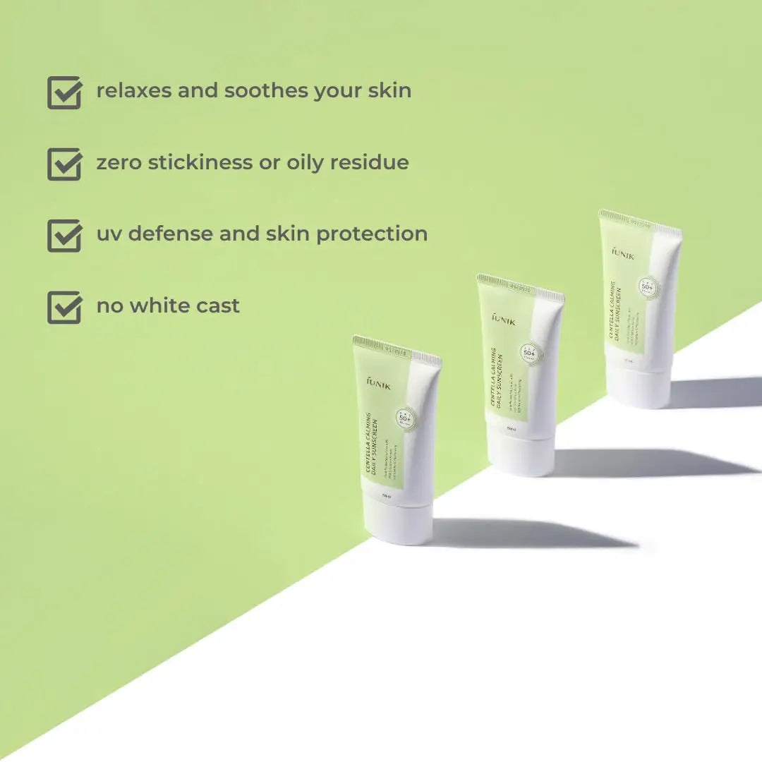 Three tubes of iUNIK Centella Calming Daily Sunscreen 60ml, Pack of 2 displayed against a green background with features including skin soothing, zero stickiness, UV protection, and no white cast.