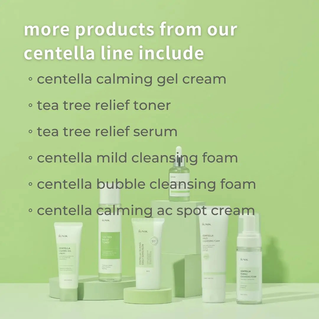 Display of skincare products from the centella line including centella calming gel cream, tea tree relief toner, tea tree relief serum, centella mild cleansing foam, centella bubble cleansing foam, and centella calming ac spot cream with a green background and text promoting iUNIK Centella Calming Daily Sunscreen 60ml, Pack of 2.