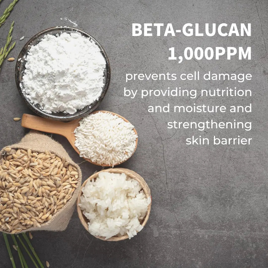 Close-up of natural beta-glucan sources including oats and rice grains with text explaining beta-glucan content and its skin barrier strengthening benefits in iUNIK Centella Calming Daily Sunscreen 60ml, Pack of 2.