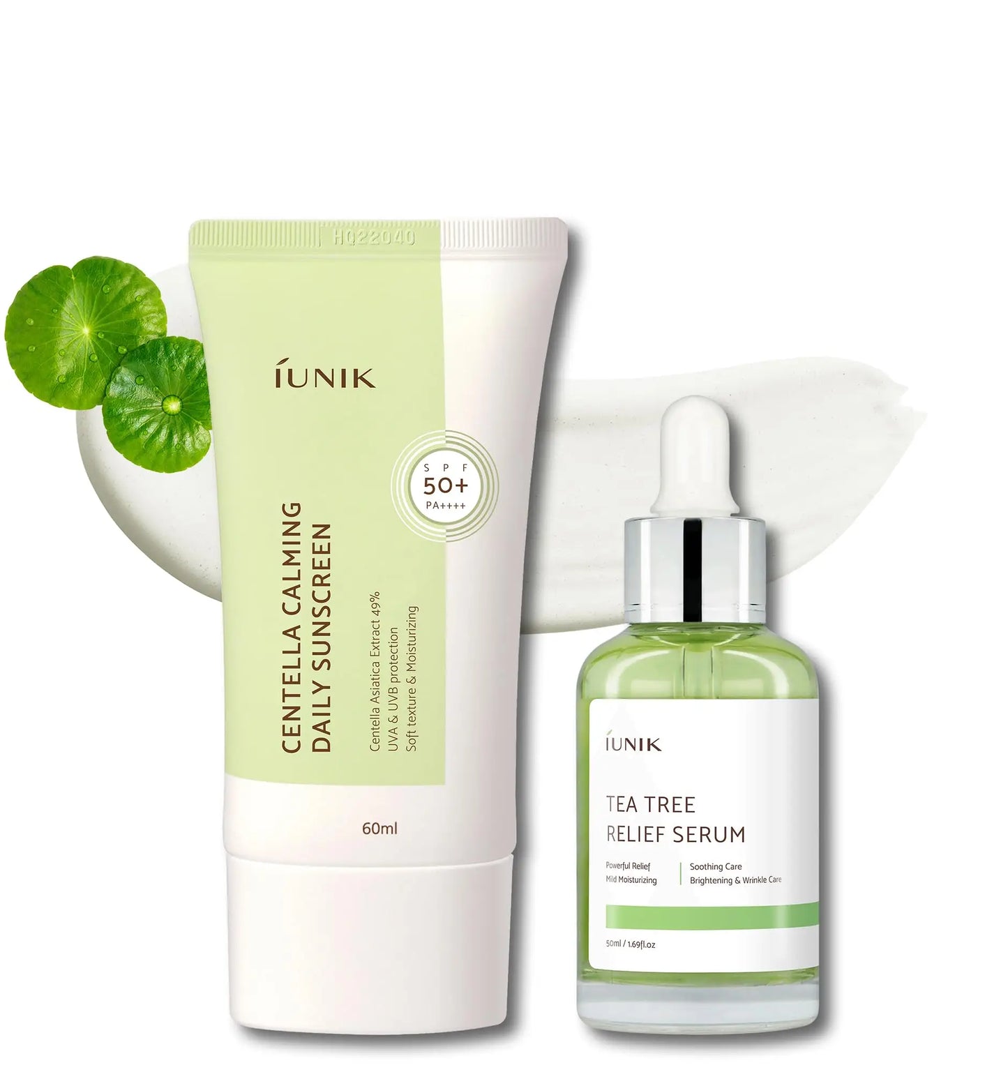 iUNIK Centella Calming Daily Sunscreen 60ml with SPF 50+ alongside iUNIK Tea tree Relief Serum 50ml in a clear dropper bottle, displayed with green centella leaves and serum texture background.