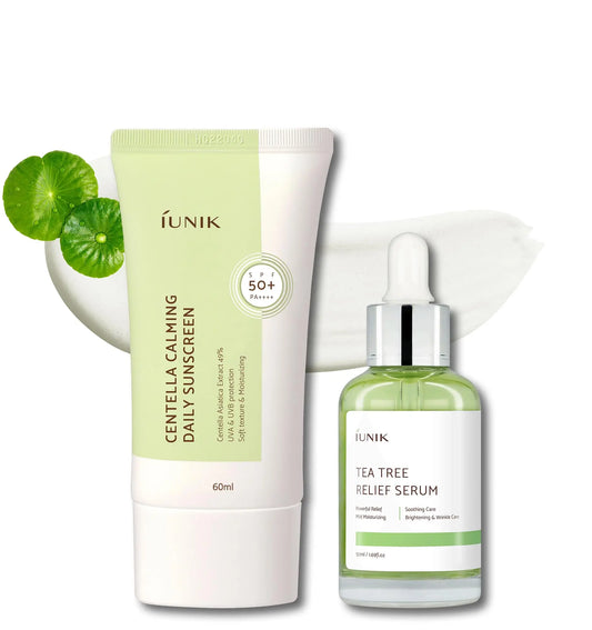 iUNIK Centella Calming Daily Sunscreen 60ml with SPF 50+ alongside iUNIK Tea tree Relief Serum 50ml in a clear dropper bottle, displayed with green centella leaves and serum texture background.