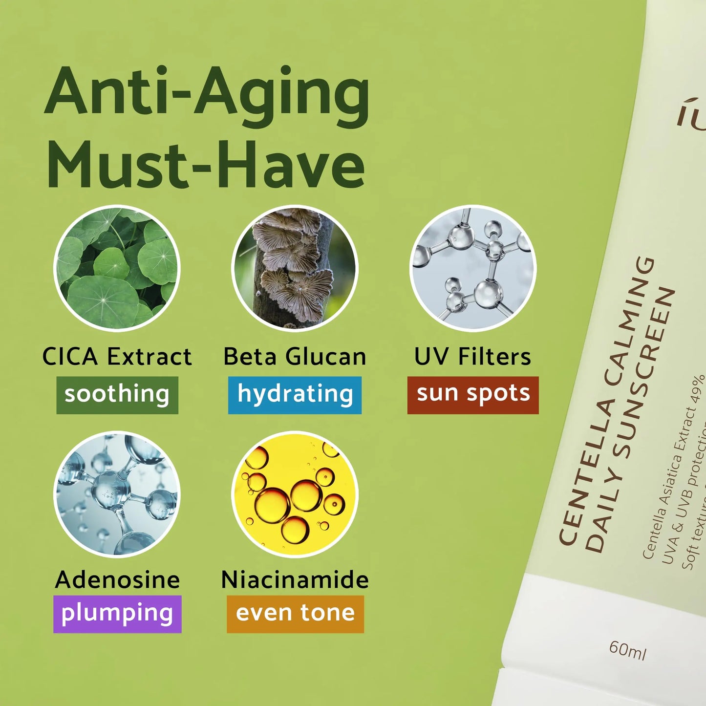 Close-up of iUNIK Centella Calming Daily Sunscreen 60ml + iUNIK Tea tree Relief Serum 50ml packaging highlighting anti-aging key ingredients: CICA extract, Beta Glucan, UV filters, Adenosine, and Niacinamide for soothing, hydrating, sun spot protection, plumping, and even tone benefits.