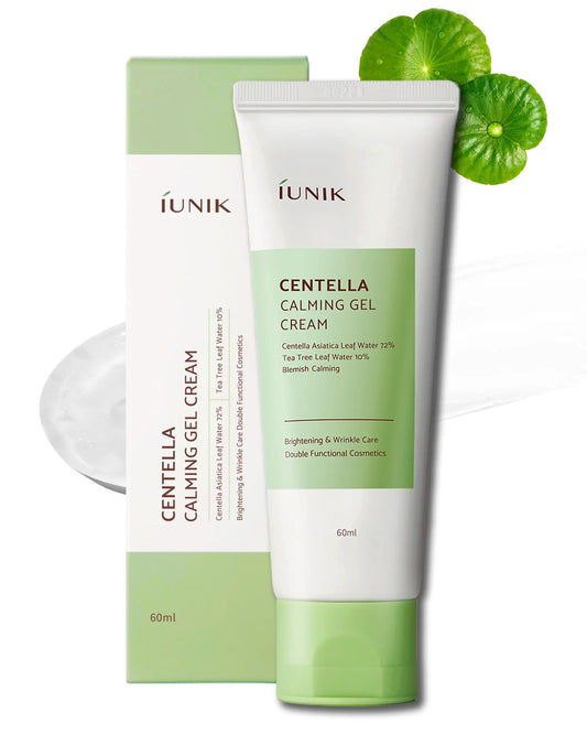 Tube and box of iUNIK Centella Calming Gel Cream 60ml with green and white packaging, accompanied by fresh centella leaves in the background.