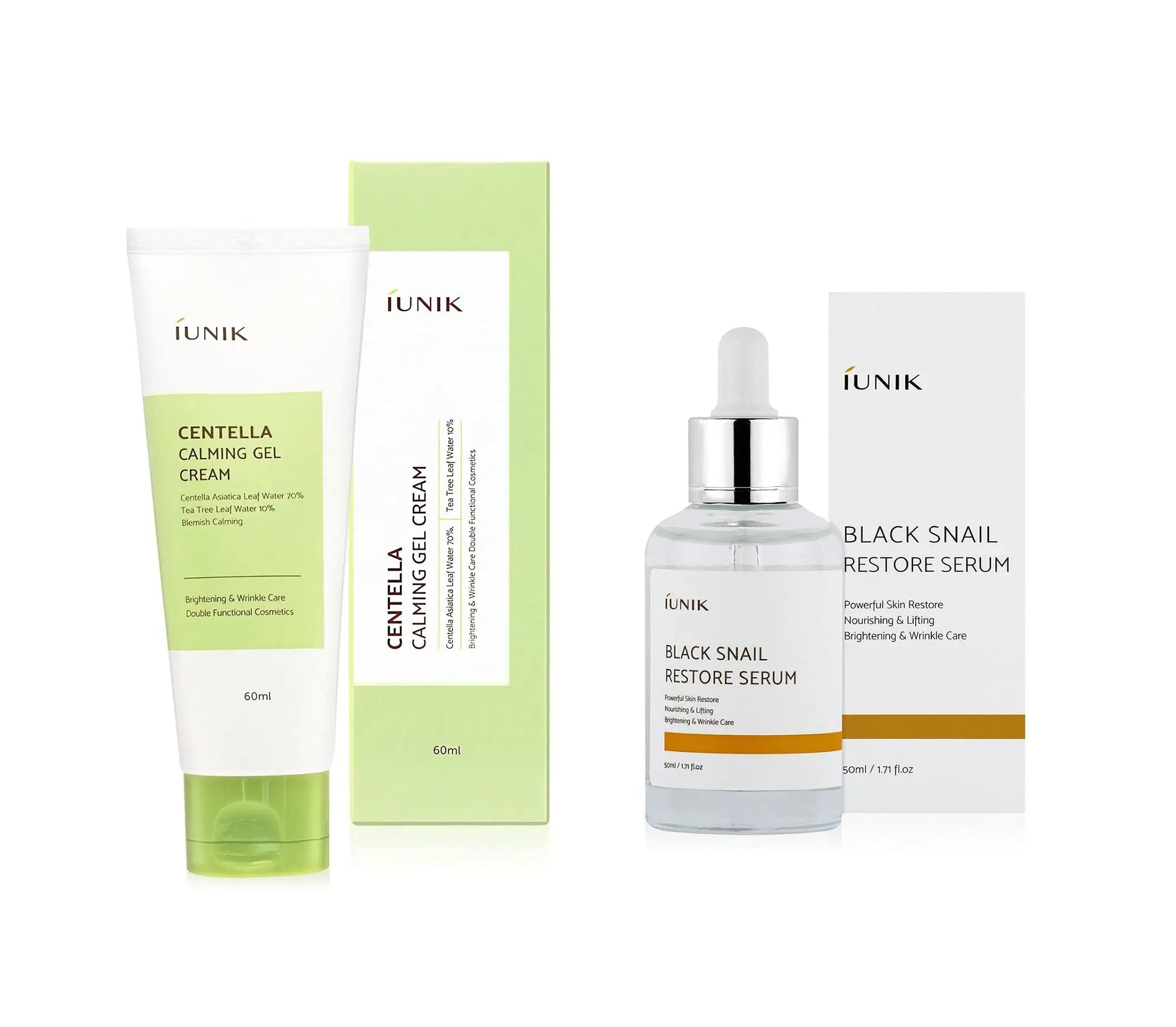 Set of iUNIK Centella Calming Gel Cream 60ml in a green and white tube with box, and iUNIK Black Snail Restore Serum 50ml in a clear dropper bottle with white box.