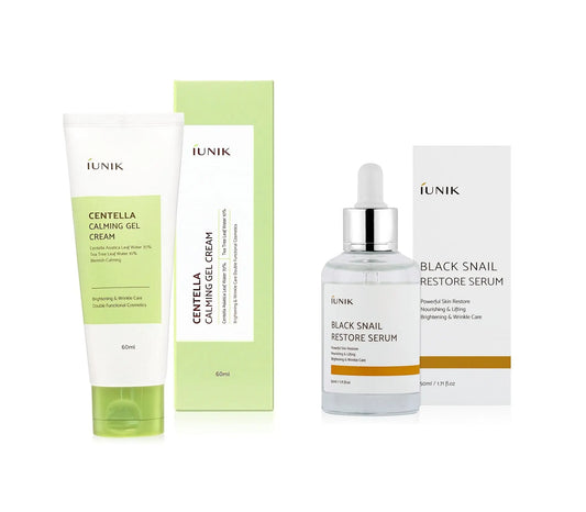 Set of iUNIK Centella Calming Gel Cream 60ml in a green and white tube with box, and iUNIK Black Snail Restore Serum 50ml in a clear dropper bottle with white box.