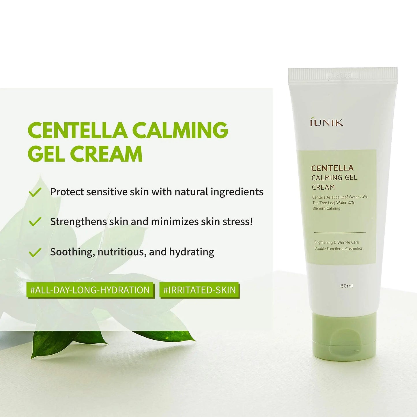 iUNIK Centella Calming Gel Cream 60ml + iUNIK Black Snail Restore Serum 50ml featuring a tube of soothing Centella Calming Gel Cream with natural ingredients, promoting hydration and skin stress relief.