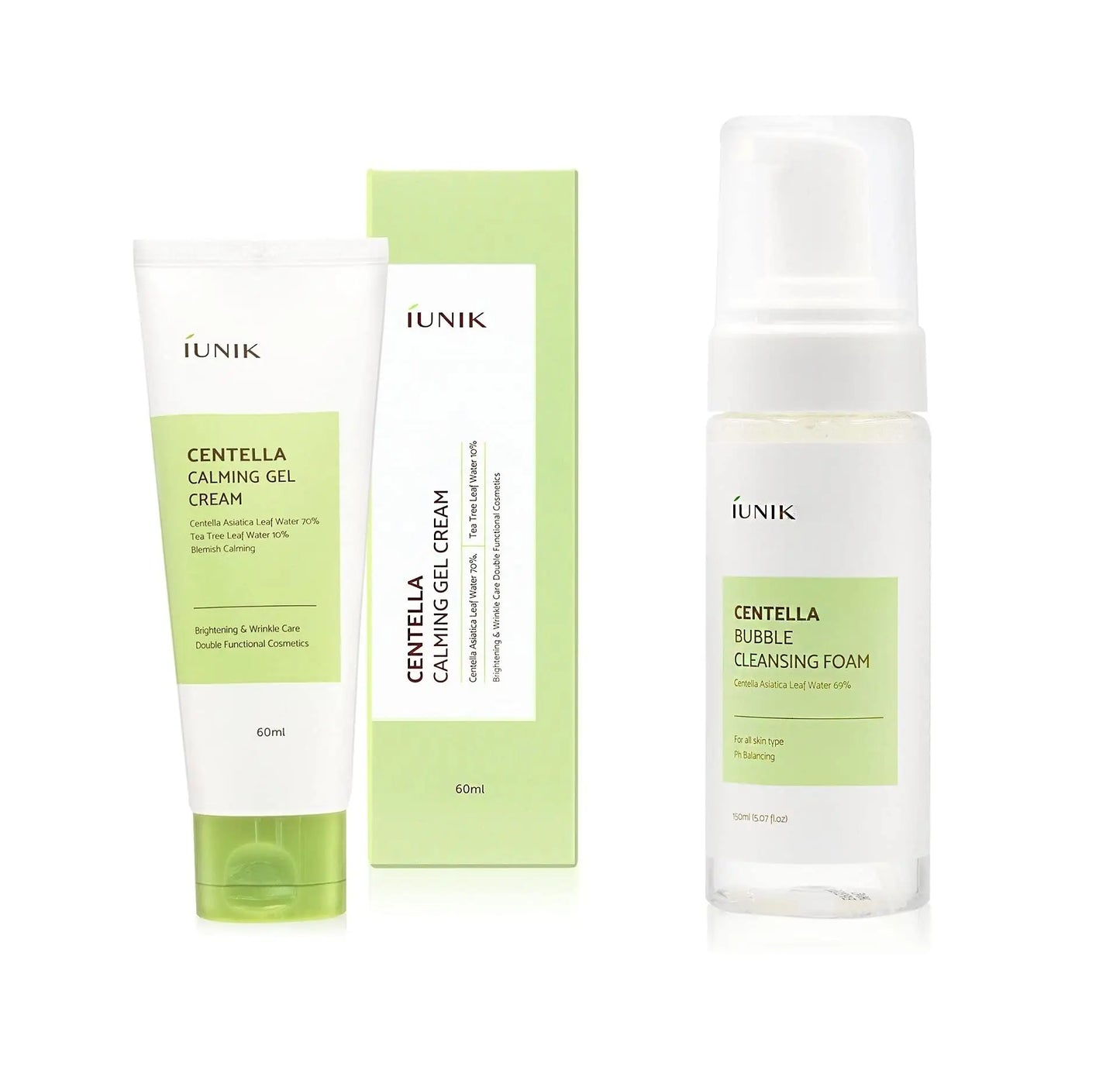 iUNIK Centella Calming Gel Cream 60ml tube with matching box and iUNIK Centella Bubble Cleansing Foam 150ml bottle, both with light green labels for soothing skincare.