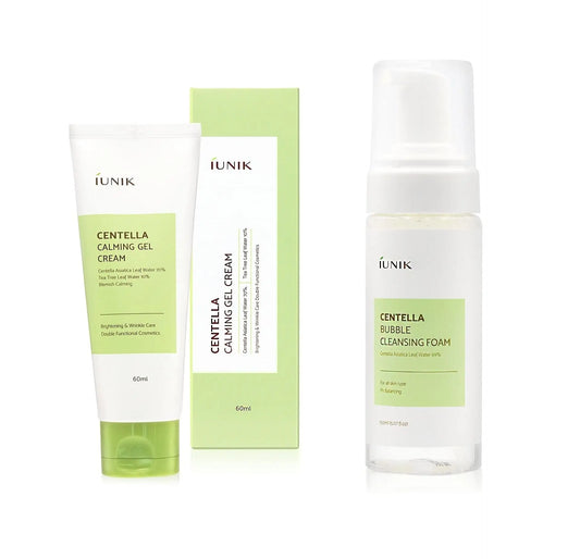 iUNIK Centella Calming Gel Cream 60ml tube with matching box and iUNIK Centella Bubble Cleansing Foam 150ml bottle, both with light green labels for soothing skincare.