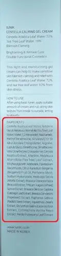 Close-up of the ingredient list on the packaging of iUNIK Centella Calming Gel Cream 60ml + iUNIK Centella Calming Daily Sunscreen 60ml, highlighting natural and calming components.