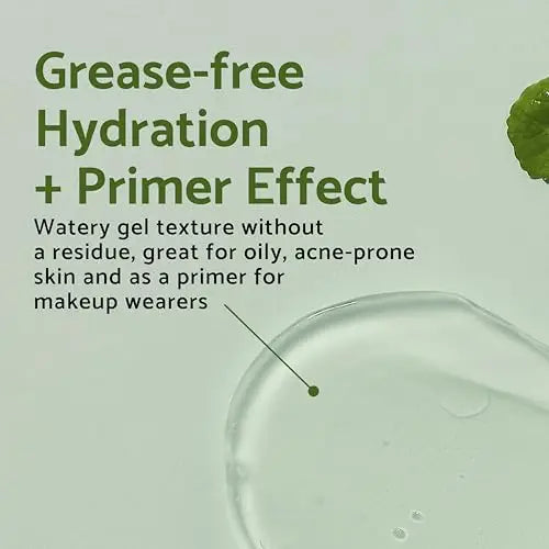 Text highlighting grease-free hydration and primer effect with watery gel texture ideal for oily, acne-prone skin and makeup primer in iUNIK Centella Calming Gel Cream 60ml + iUNIK Centella Calming Daily Sunscreen 60ml.