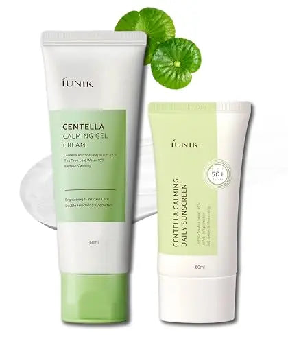 iUNIK Centella Calming Gel Cream 60ml and iUNIK Centella Calming Daily Sunscreen 60ml tubes displayed with fresh centella leaves, highlighting soothing and protective skincare benefits.