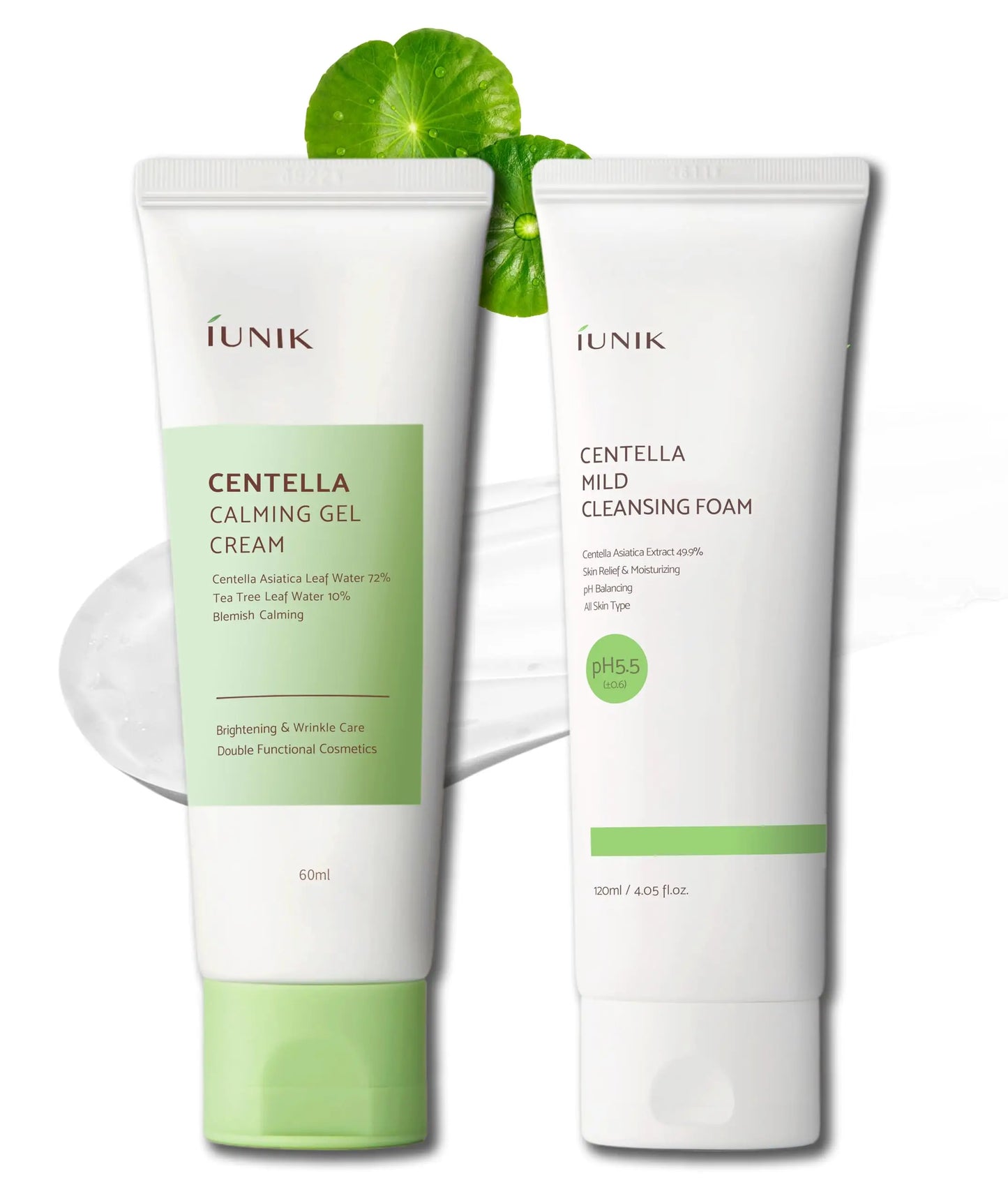 iUNIK Centella Calming Gel Cream 60ml + iUNIK Centella Mild Cleansing Foam, 120ml skincare set with green and white packaging featuring centella asiatica extract for soothing and calming skin.