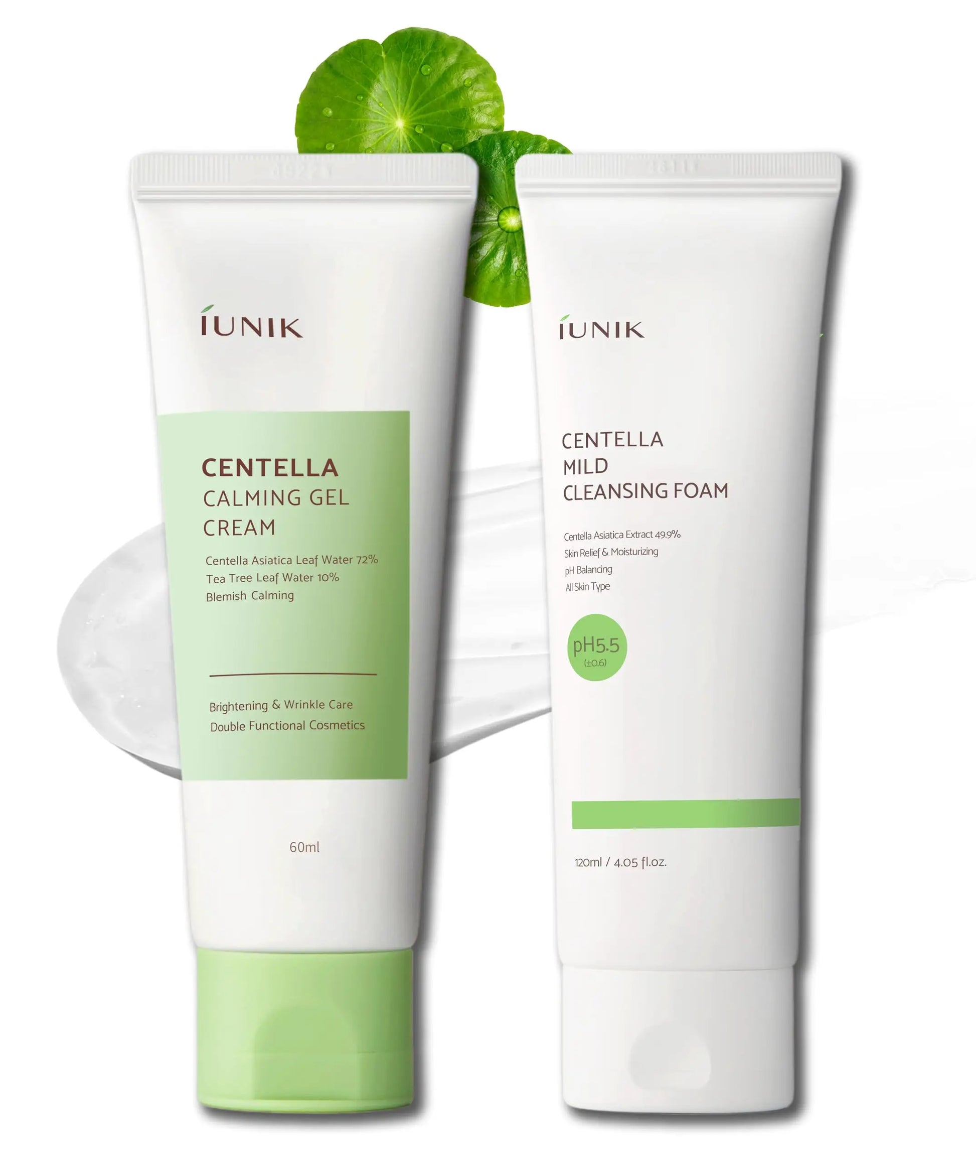 iUNIK Centella Calming Gel Cream 60ml + iUNIK Centella Mild Cleansing Foam, 120ml skincare set with green and white packaging featuring centella asiatica extract for soothing and calming skin.