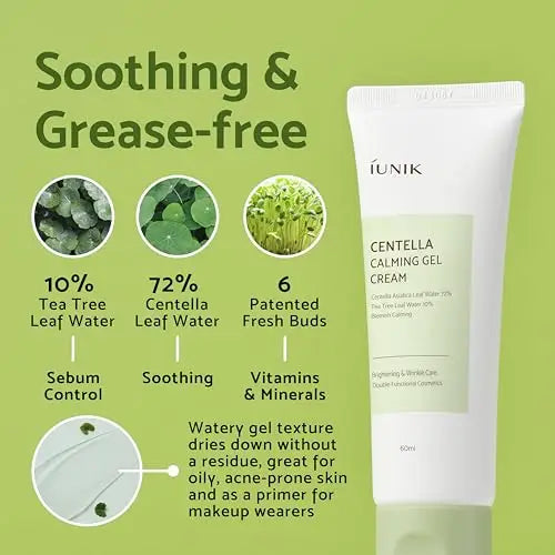 Image showing the iUNIK Centella Edition Skincare Set iUNIK Centella Calming Gel Cream 60ml bottle with text highlighting its soothing and grease-free formula containing 10% tea tree leaf water, 72% centella leaf water, and 6 patented fresh buds, promoting sebum control, soothing, and vitamins with a watery gel texture ideal for oily, acne-prone skin and as a makeup primer.