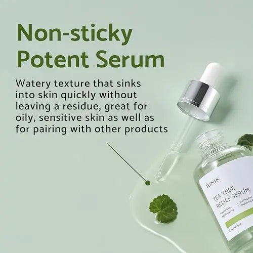 Dropper and bottle of iUNIK Tea tree Relief Serum with text highlighting its watery, non-sticky texture suitable for oily and sensitive skin from the iUNIK Centella Edition Skincare Set iUNIK Centella Calming Gel Cream 60ml + iUNIK Tea tree Relief Serum 15ml