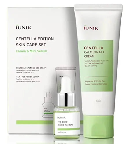 iUNIK Centella Edition Skincare Set iUNIK Centella Calming Gel Cream 60ml and iUNIK Tea tree Relief Serum 15ml displayed with white and green packaging, featuring calming and brightening skincare products.