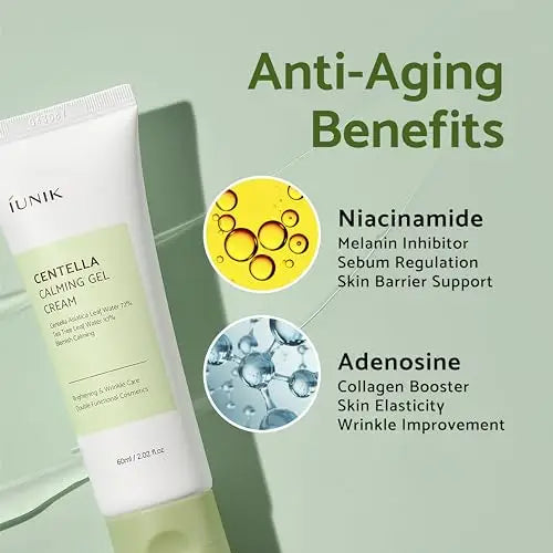 iUNIK Centella Edition Skincare Set iUNIK Centella Calming Gel Cream 60ml + iUNIK Tea tree Relief Serum 15ml highlighting anti-aging benefits with niacinamide and adenosine for skin barrier support and wrinkle improvement.