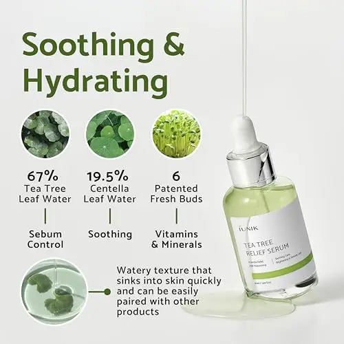 Image showing the soothing and hydrating properties of the iUNIK Centella Edition Skincare Set iUNIK Centella Calming Gel Cream 60ml + iUNIK Tea tree Relief Serum 15ml, highlighting key ingredients like tea tree leaf water, centella leaf water, and fresh buds with benefits for sebum control, soothing, and vitamins and minerals, along with the watery serum texture.