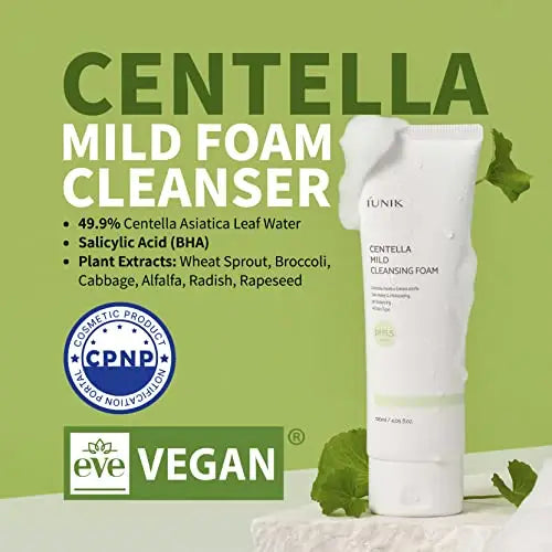 Tube of iUNIK Centella Mild Cleansing Foam, 120ml, displayed with foam on top, against a green background highlighting key ingredients like Centella Asiatica leaf water, salicylic acid, and plant extracts, along with vegan and cosmetic certification logos.
