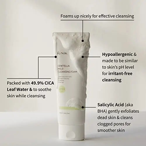 iUNIK Centella Mild Cleansing Foam, 120ml with rich foam for effective cleansing, containing 49.9% CICA leaf water to soothe skin, hypoallergenic formula balanced to skin’s pH, and salicylic acid to exfoliate and clear pores.