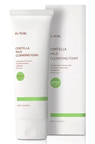 iUNIK Centella Mild Cleansing Foam, 120ml in a white tube with green accents, designed for gentle skin relief, moisturizing, and pH balancing for all skin types.