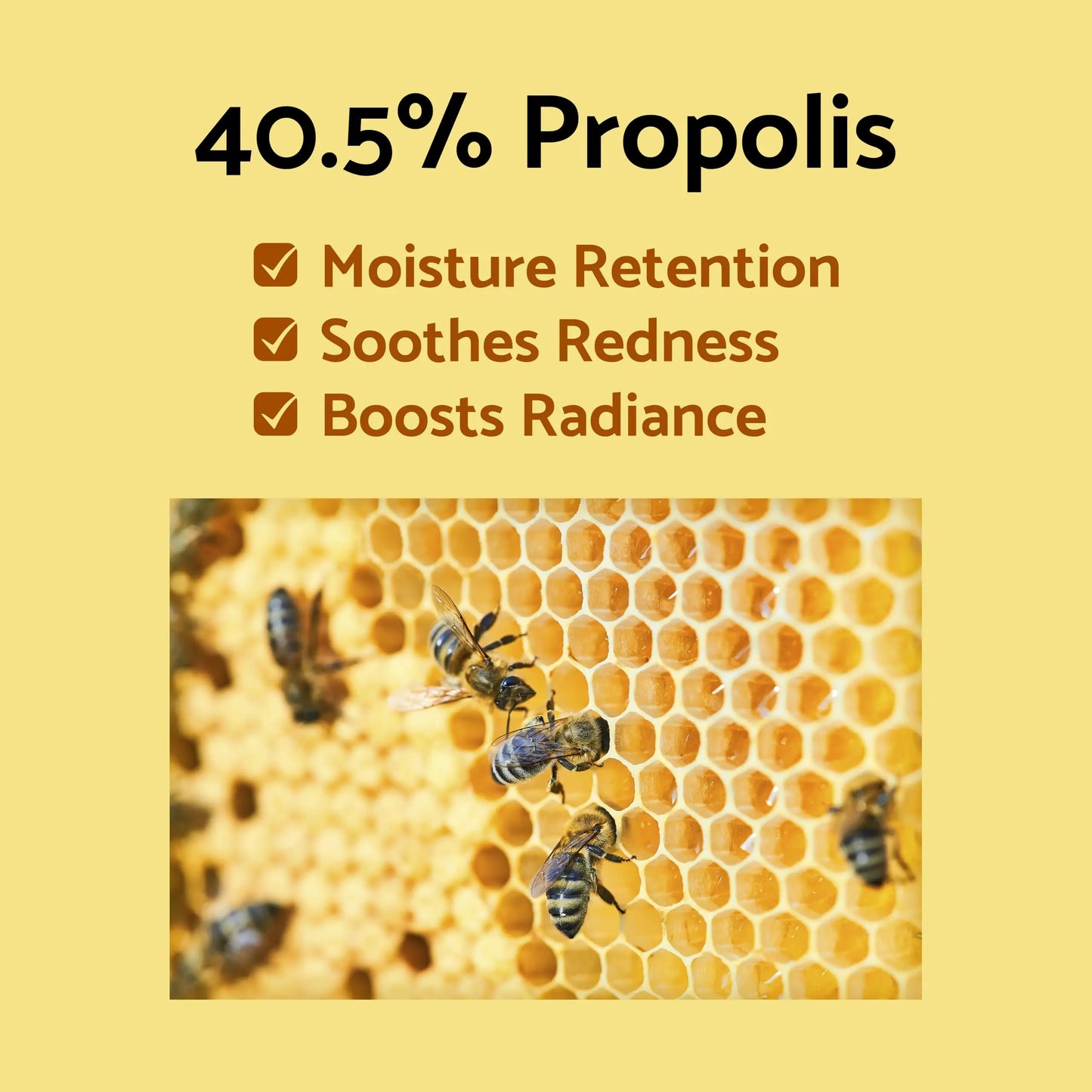 Image showing honeybees on honeycomb highlighting 40.5% propolis content with benefits of moisture retention, soothing redness, and boosting radiance for iUNIK Propolis Vitamin Eye Cream, 30ml.