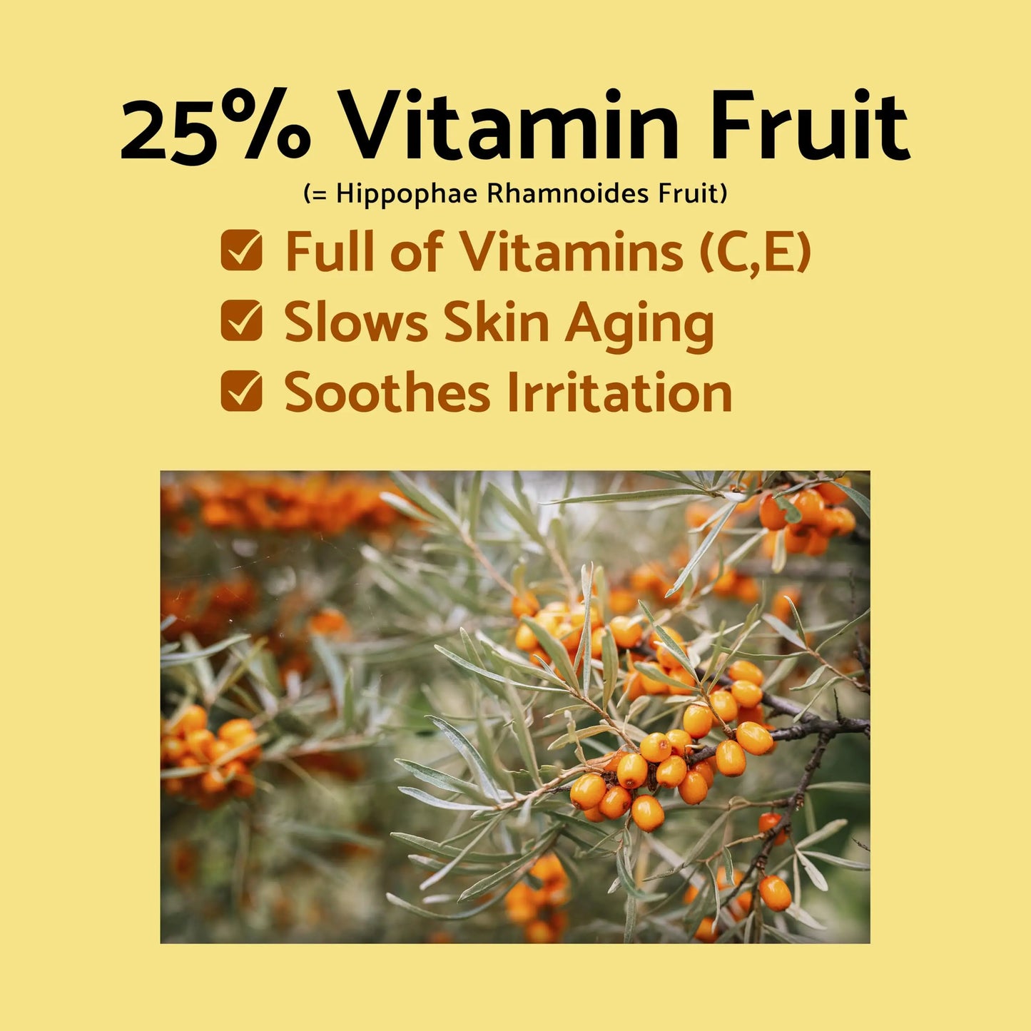 Natural sea buckthorn berries rich in vitamins C and E on branches, highlighting benefits of iUNIK Propolis Vitamin Eye Cream, 30ml for slowing skin aging and soothing irritation.