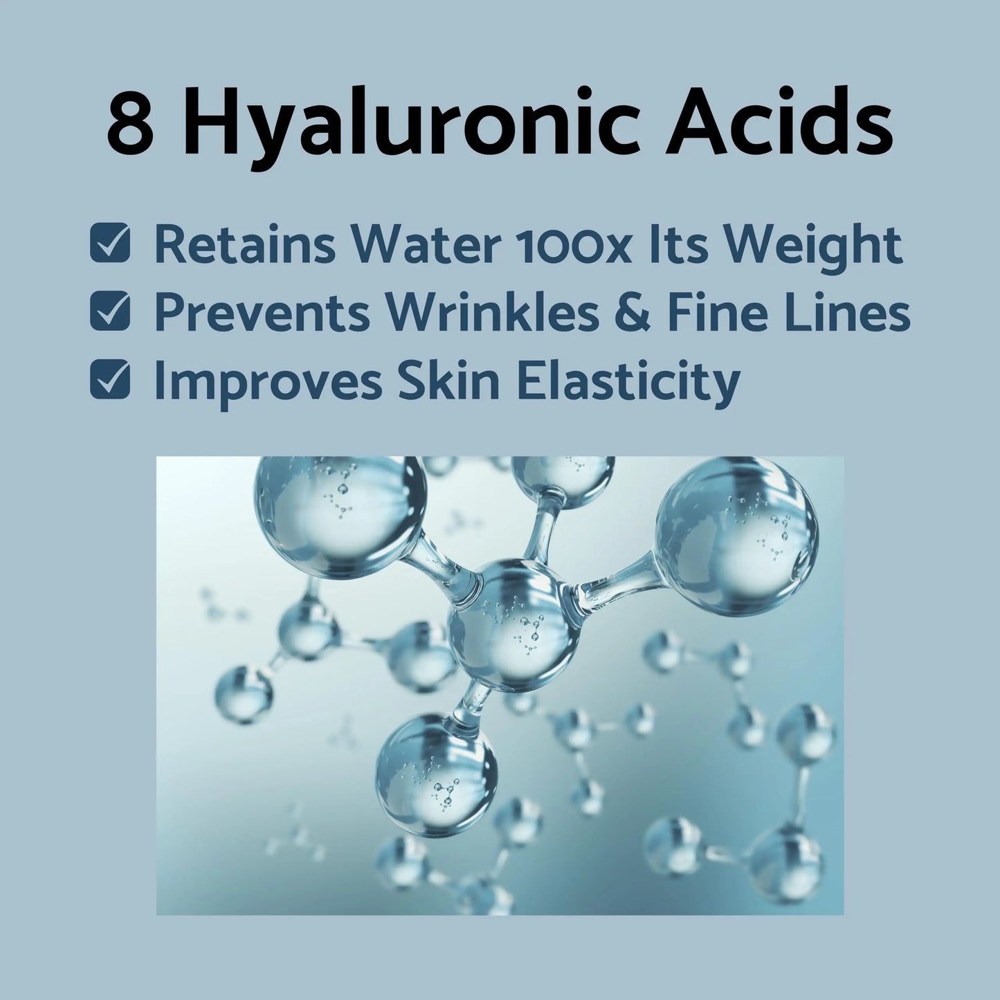 Graphic highlighting benefits of 8 hyaluronic acids including water retention, wrinkle prevention, and improved skin elasticity, promoting iUNIK Propolis Vitamin Eye Cream, 30ml.