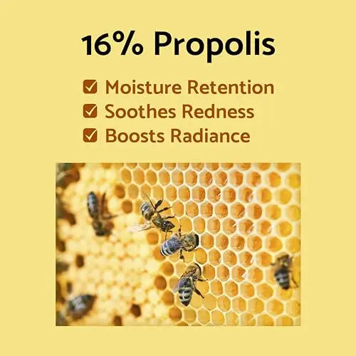 Image showing bees on a honeycomb illustrating the 16% propolis content that helps with moisture retention, soothes redness, and boosts radiance in iUNIK Propolis Vitamin Sleeping Mask Cream, 60ml.
