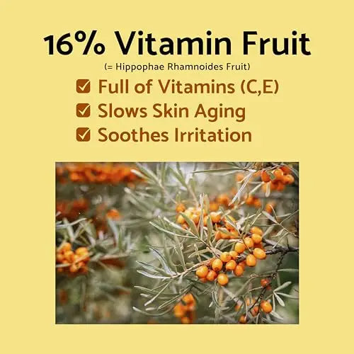 Text highlighting 16% Vitamin Fruit with benefits including vitamins C and E, slowing skin aging, soothing irritation, and an image of orange Hippophae Rhamnoides fruit on a branch, related to iUNIK Propolis Vitamin Sleeping Mask Cream, 60ml.