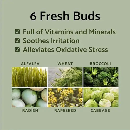 iUNIK Propolis Vitamin Sleeping Mask Cream, 60ml highlights six fresh plant buds including alfalfa, wheat, broccoli, radish, rapeseed, and cabbage, known for vitamins, soothing irritation, and reducing oxidative stress.