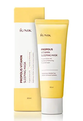 Tube and box packaging of iUNIK Propolis Vitamin Sleeping Mask Cream, 60ml, featuring a yellow design and branding for moisturizing and brightening facial cream.