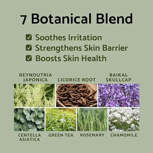 Natural botanical ingredients including reynoutria japonica, licorice root, baikal skullcap, centella asiatica, green tea, rosemary, and chamomile highlighted for iUNIK Propolis Vitamin Synergy Serum, 50ml.