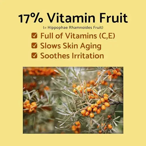 Image showing text highlighting 17% vitamin fruit content with benefits such as being full of vitamins C and E, slowing skin aging, and soothing irritation alongside a close-up photo of orange Hippophae rhamnoides fruit, related to iUNIK Propolis Vitamin Synergy Serum, 50ml.