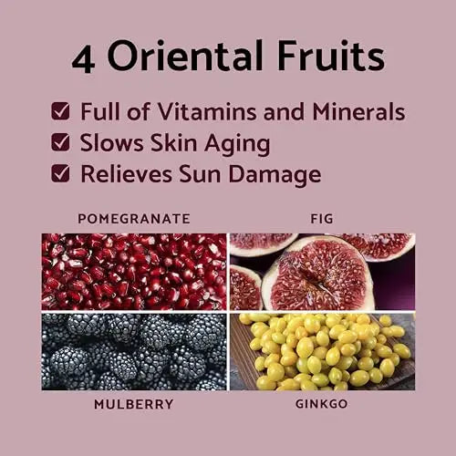 Close-up images of four oriental fruits: pomegranate seeds, sliced fig, mulberries, and ginkgo berries, highlighting their benefits for skin aging and sun damage relief for iUNIK Propolis Vitamin Synergy Serum, 50ml.