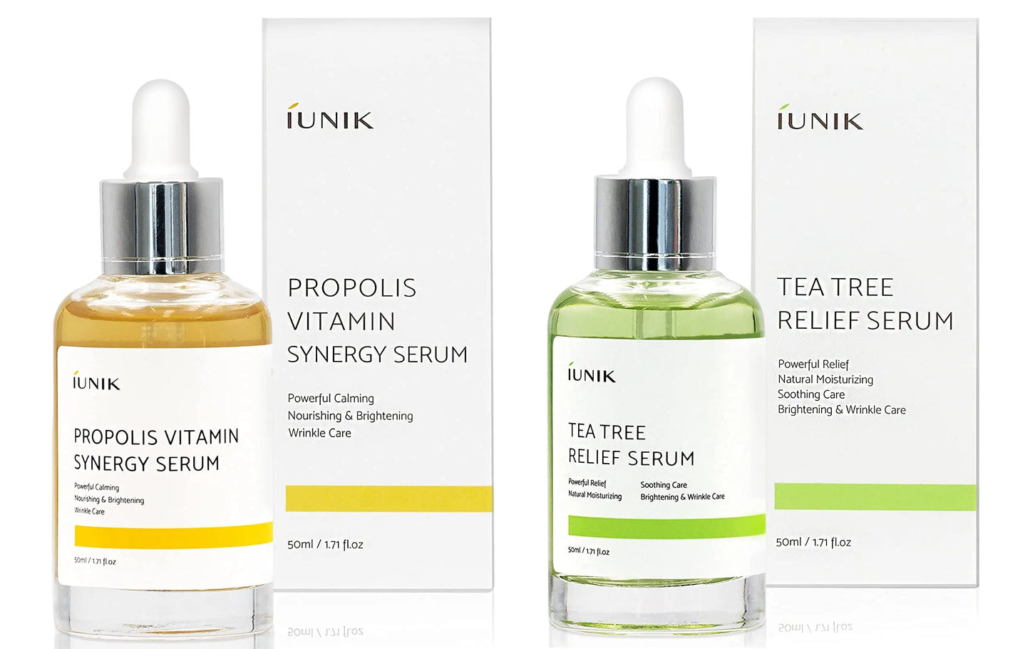 iUNIK Propolis Vitamin Synergy Serum, 50ml + iUNIK Tea tree Relief Serum 50ml displayed with dropper bottles and corresponding white boxes for skincare focused on calming, nourishing, brightening, and wrinkle care.