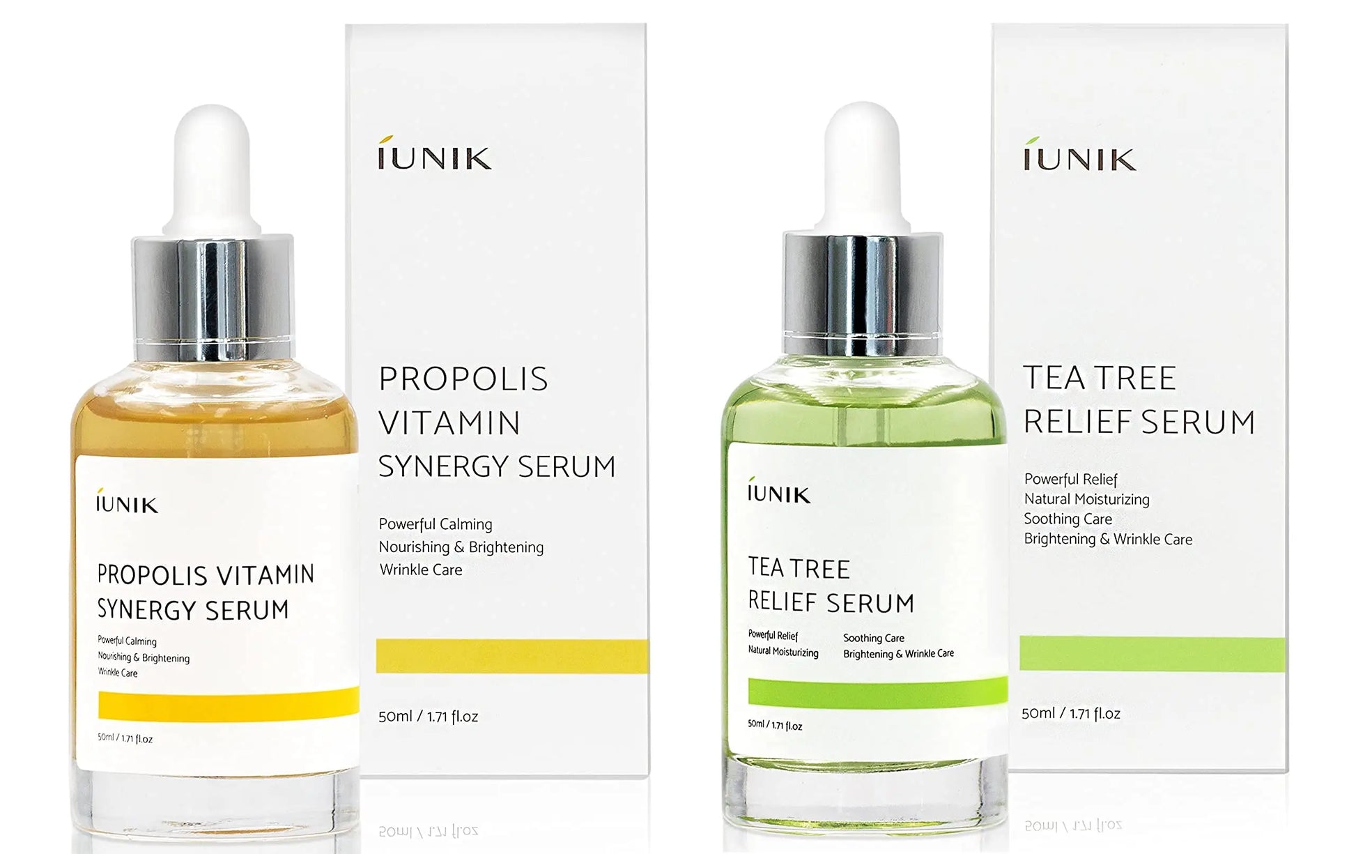 iUNIK Propolis Vitamin Synergy Serum, 50ml + iUNIK Tea tree Relief Serum 50ml displayed with dropper bottles and corresponding white boxes for skincare focused on calming, nourishing, brightening, and wrinkle care.