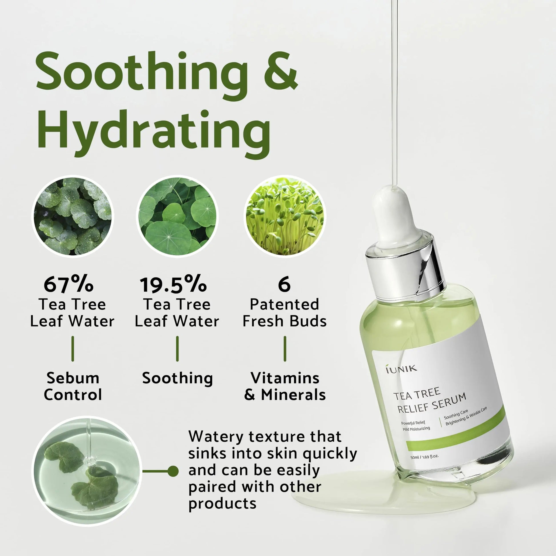 Clear glass bottle of iUNIK Tea tree Relief Serum 50ml with dropper, displayed with green tea tree leaf water drops and text highlighting soothing, hydrating, and sebum control benefits.