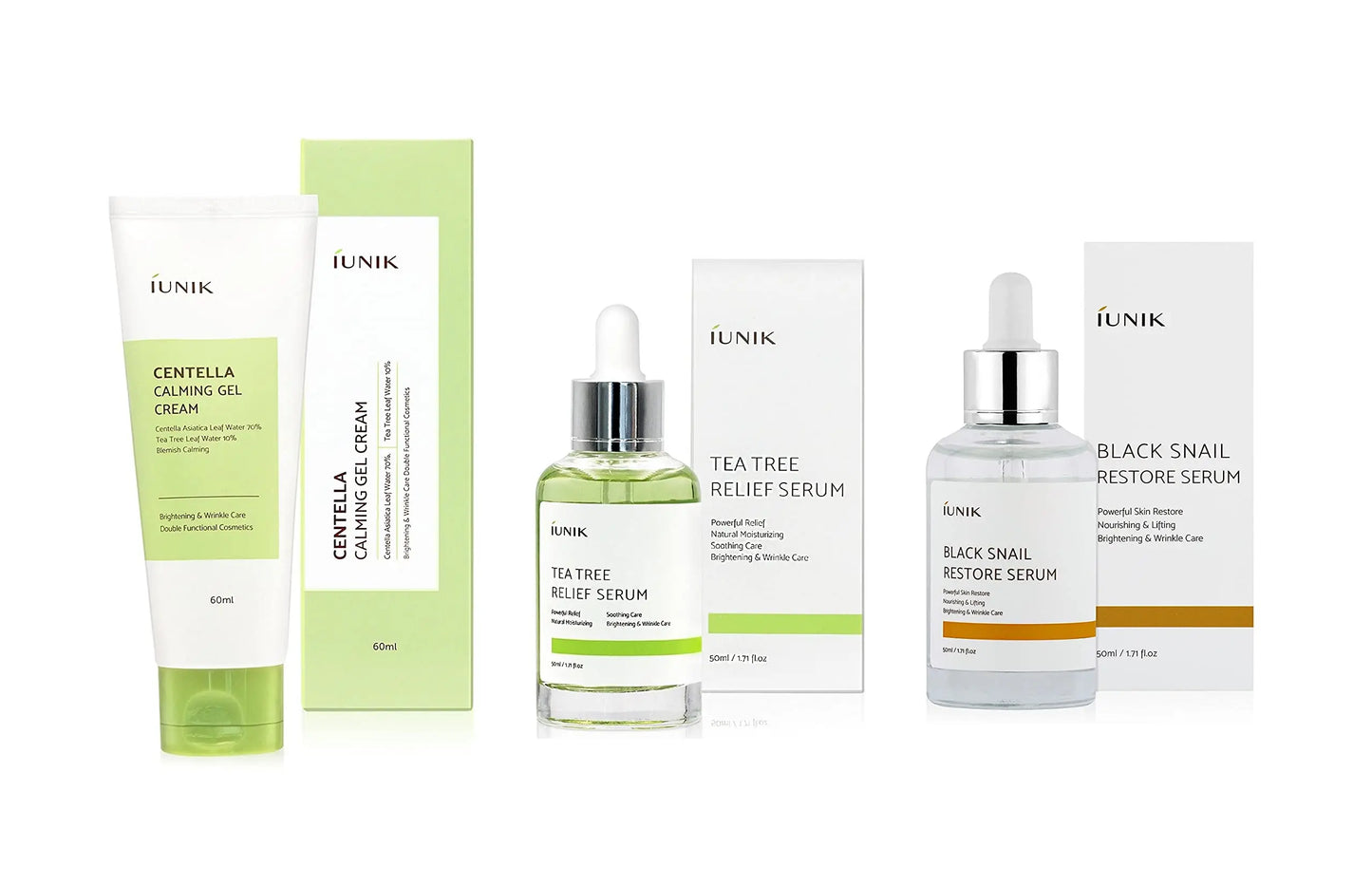 iUNIK Tea tree Relief Serum 50ml + iUNIK Centella Calming Gel Cream 60ml + iUNIK Black Snail Restore Serum 50ml displayed with product packaging against white background.