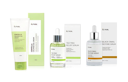 iUNIK Tea tree Relief Serum 50ml + iUNIK Centella Calming Gel Cream 60ml + iUNIK Black Snail Restore Serum 50ml displayed with product packaging against white background.
