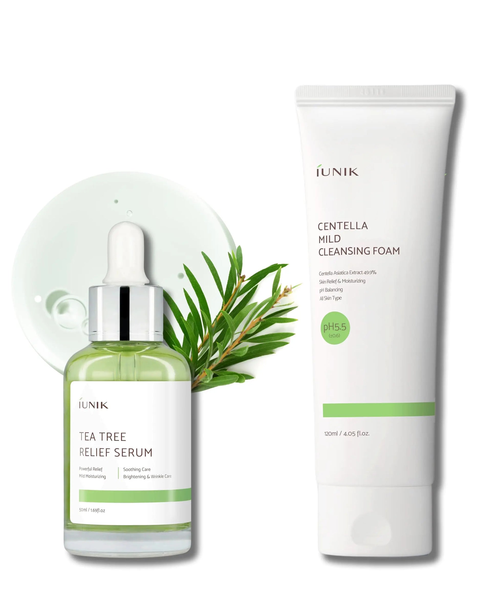 iUNIK Tea tree Relief Serum 50ml with green liquid dropper bottle alongside iUNIK Centella Mild Cleansing Foam 120ml white tube with green accents and tea tree leaves on white background