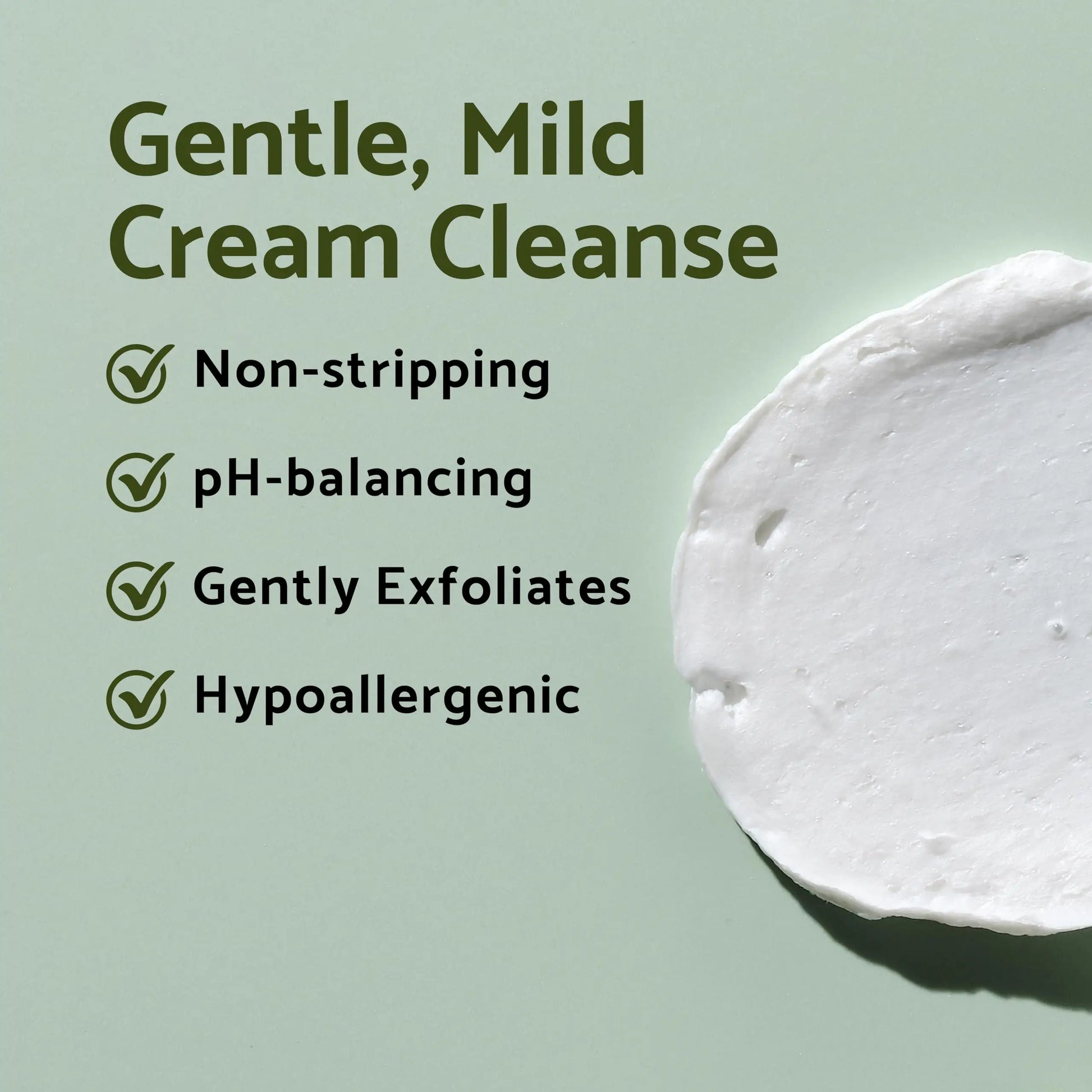 Text highlighting features of gentle, mild cream cleanse that is non-stripping, pH-balancing, gently exfoliates, and hypoallergenic with a white cream texture, promoting iUNIK Tea tree Relief Serum 50ml + iUNIK Centella Mild Cleansing Foam, 120ml.