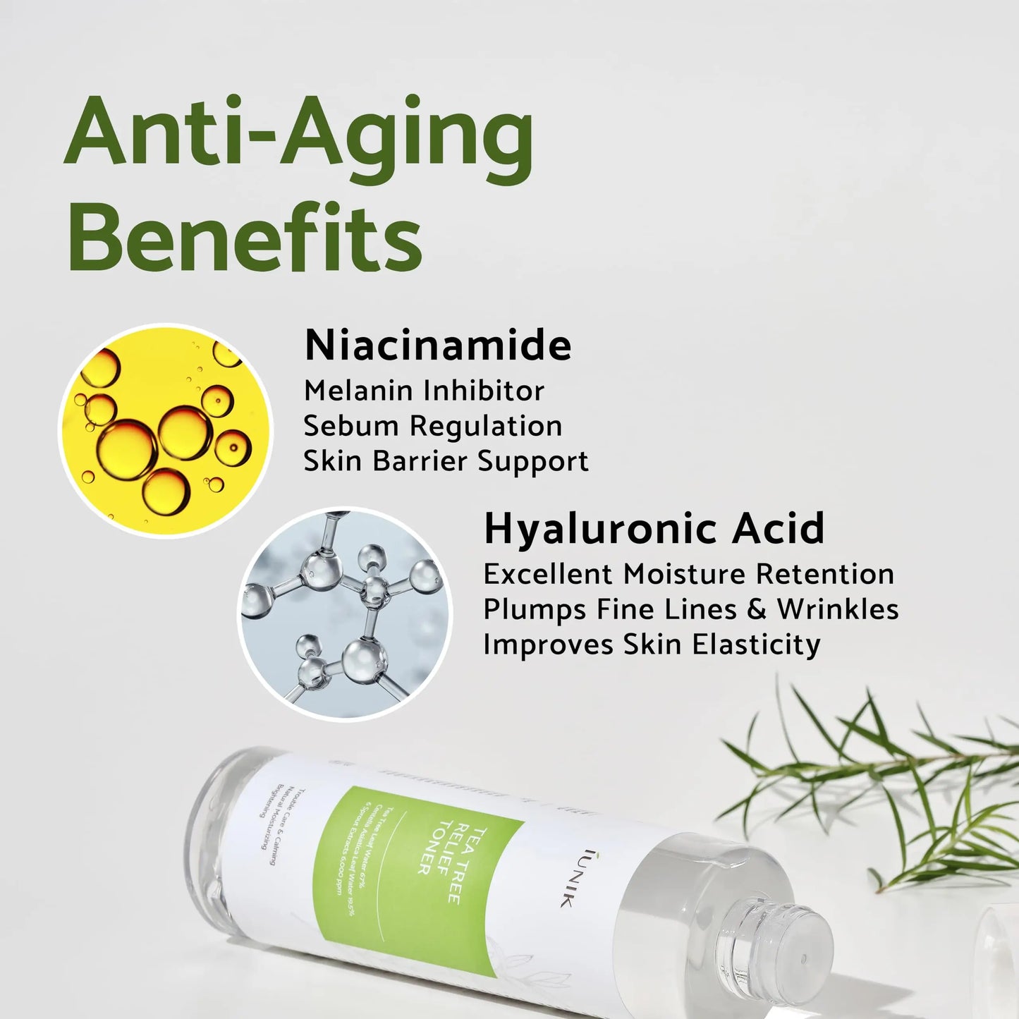 iUNIK Tea Tree Relief Toner 200ml + iUNIK Centella Calming Gel Cream 60ml anti-aging benefits highlighting niacinamide and hyaluronic acid for skin barrier support and moisture retention