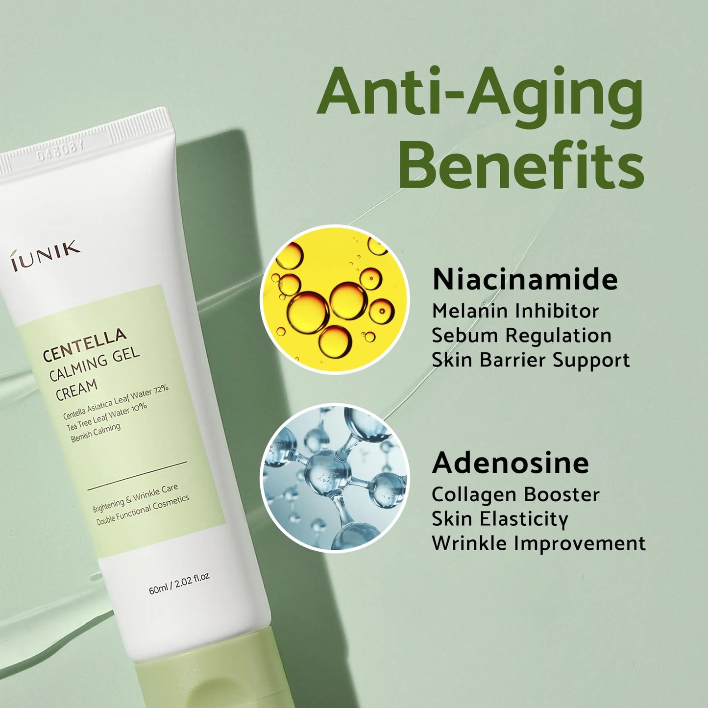iUNIK Tea Tree Relief Toner 200ml + iUNIK Centella Calming Gel Cream 60ml tube on green background with infographic highlighting anti-aging benefits of niacinamide and adenosine for skin support and wrinkle improvement
