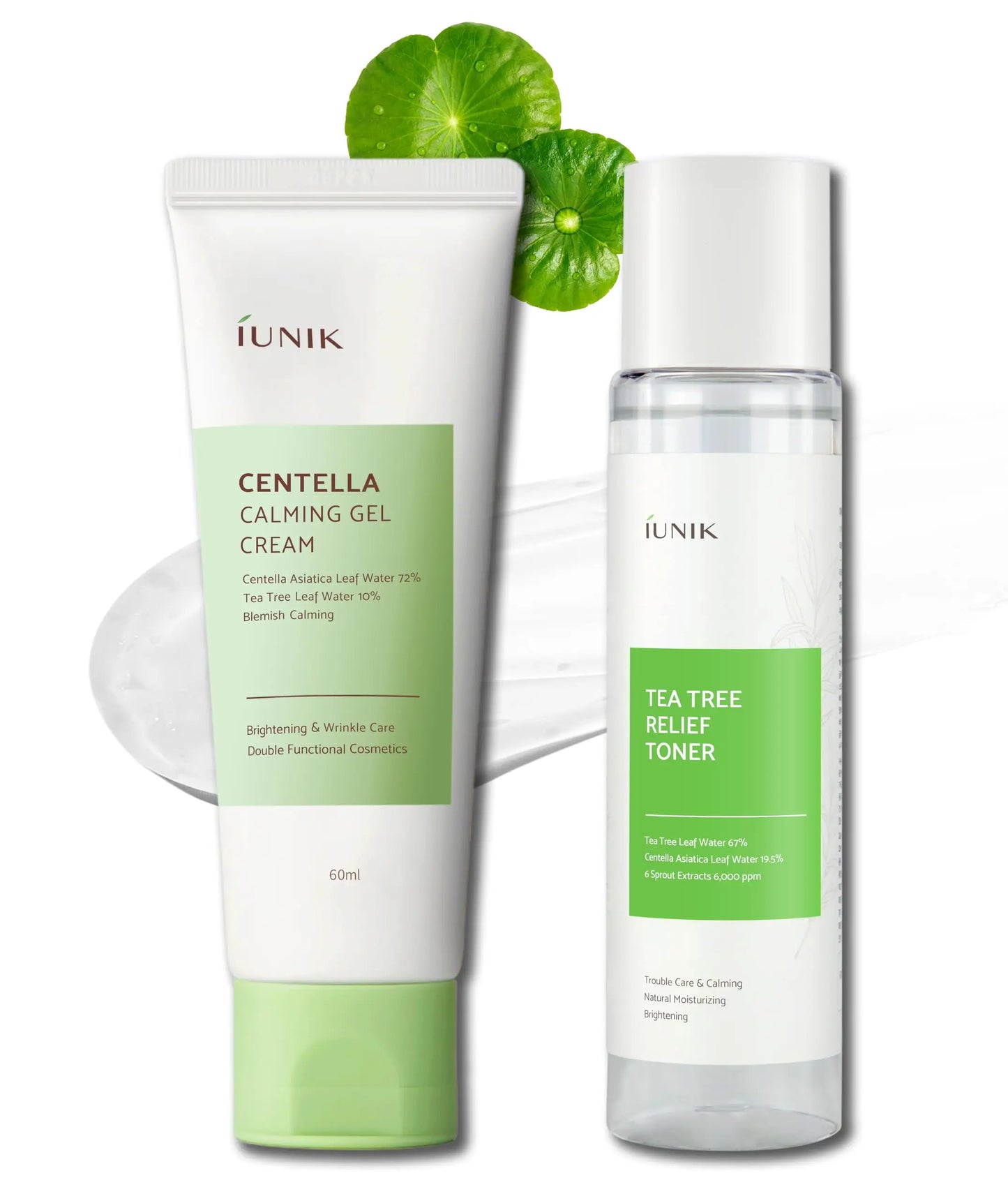 iUNIK Tea Tree Relief Toner 200ml and iUNIK Centella Calming Gel Cream 60ml with green packaging, featuring centella asiatica and tea tree ingredients for soothing and calming skin.