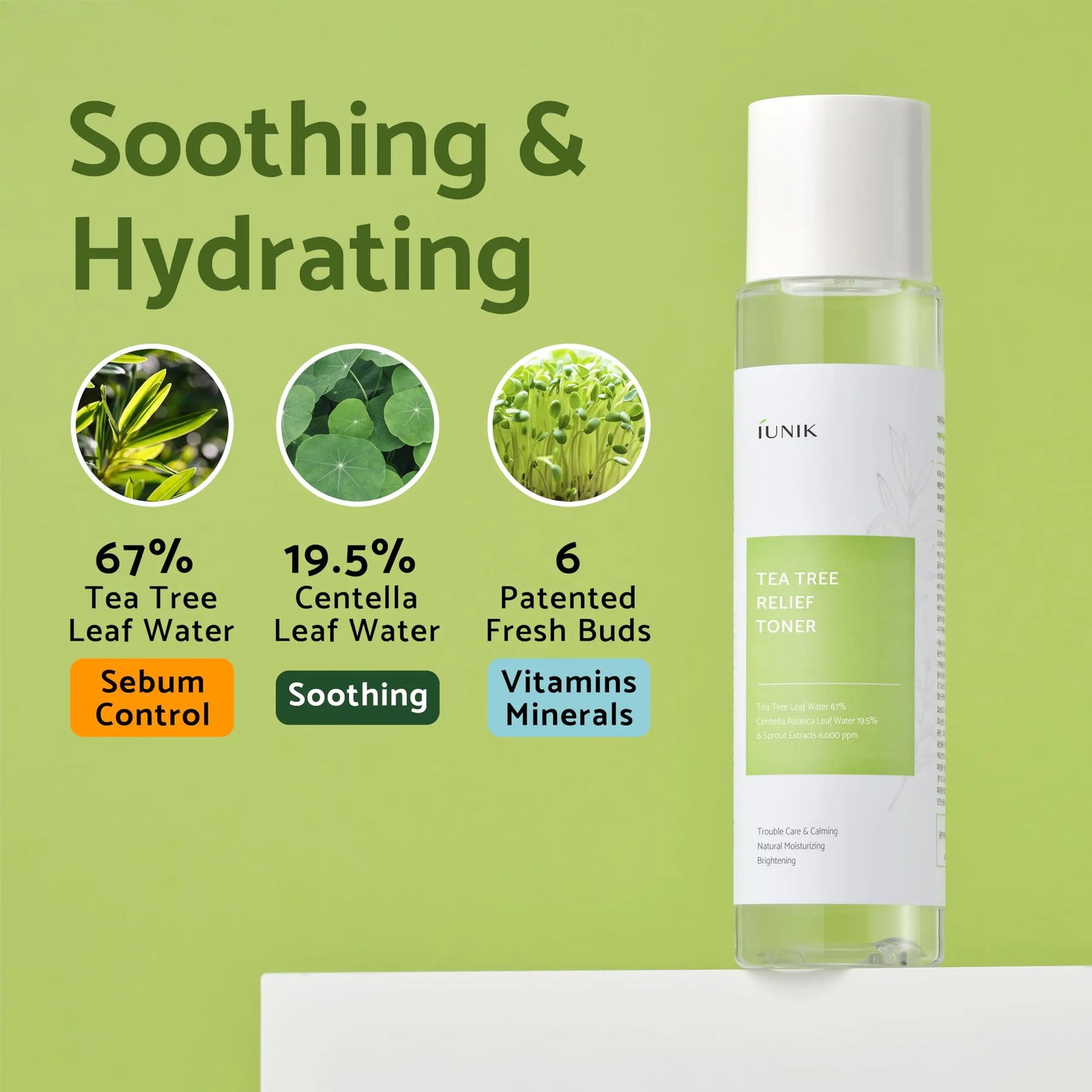 Clear bottle of iUNIK Tea Tree Relief Toner 200ml with white cap on a light green background, highlighting soothing and hydrating benefits with tea tree leaf water, centella leaf water, and patented fresh buds.
