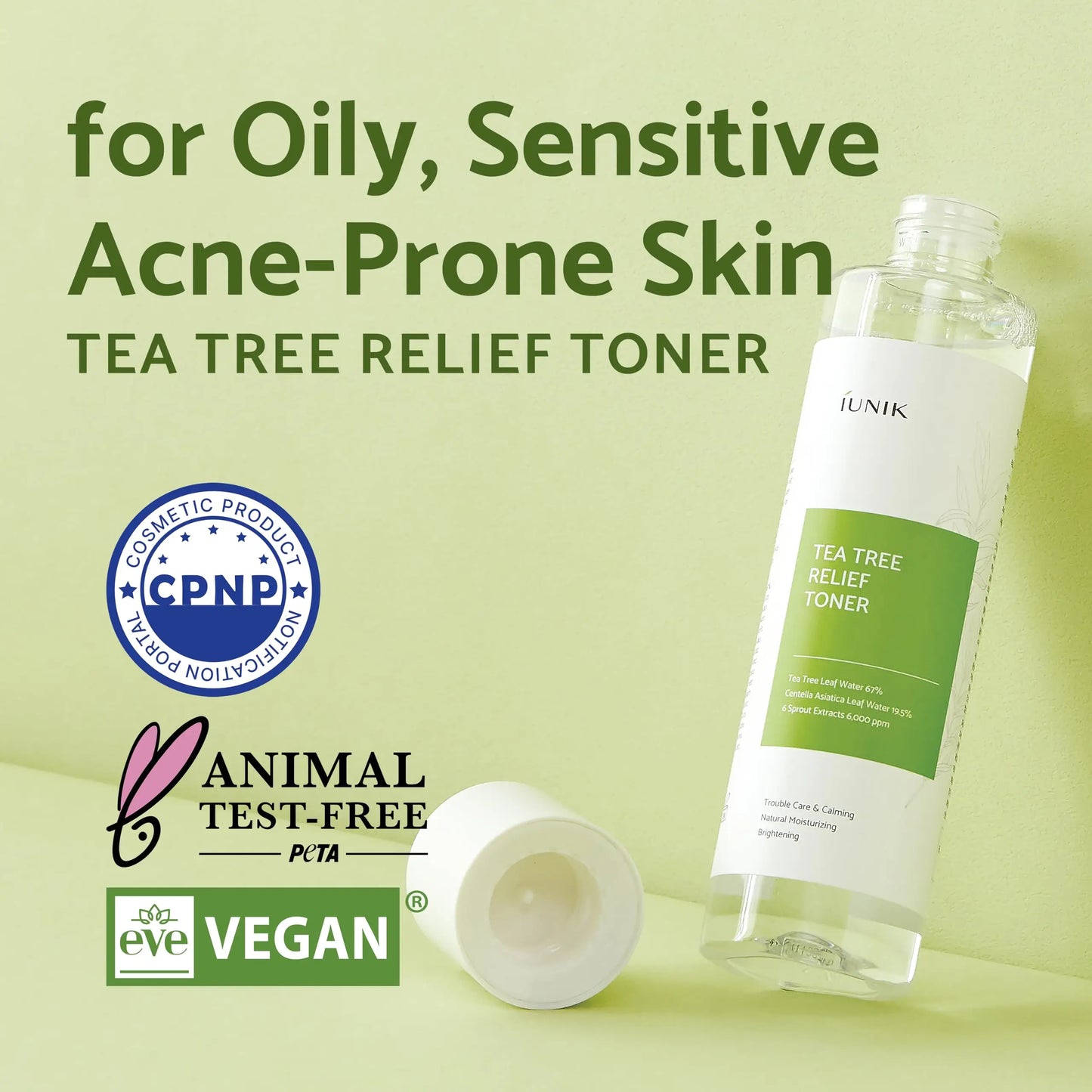 Clear bottle of iUNIK Tea Tree Relief Toner 200ml with green label on light green background, highlighting suitability for oily sensitive acne-prone skin and vegan, cruelty-free certifications alongside iUNIK Centella Calming Gel Cream 60ml.