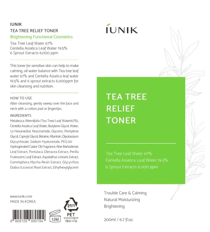 Image of a label for iUNIK Tea Tree Relief Toner 200ml showing ingredients including tea tree leaf water 67%, centella asiatica leaf water 19.5%, and 6 sprout extracts, with usage instructions and natural skincare benefits.