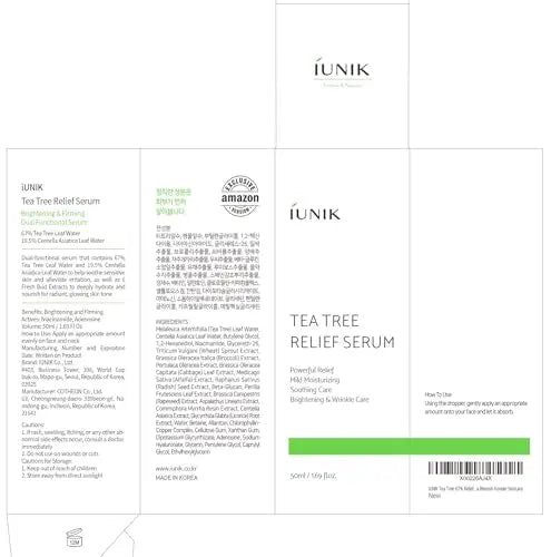 Packaging design of iUNIK Tea Tree Relief Toner 200ml + iUNIK Tea tree Relief Serum 50ml + iUNIK Calendula Complete Cleansing Oil, 200ml featuring product information and branding in a clean white and green color scheme